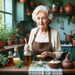 Mamie Colette préparant un remède maison dans sa cuisine pour une piqûre de guêpe