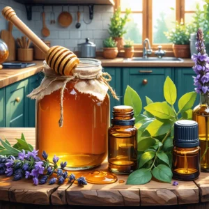 un pot de miel avec une cuillère et des huiles essentielles sur une table