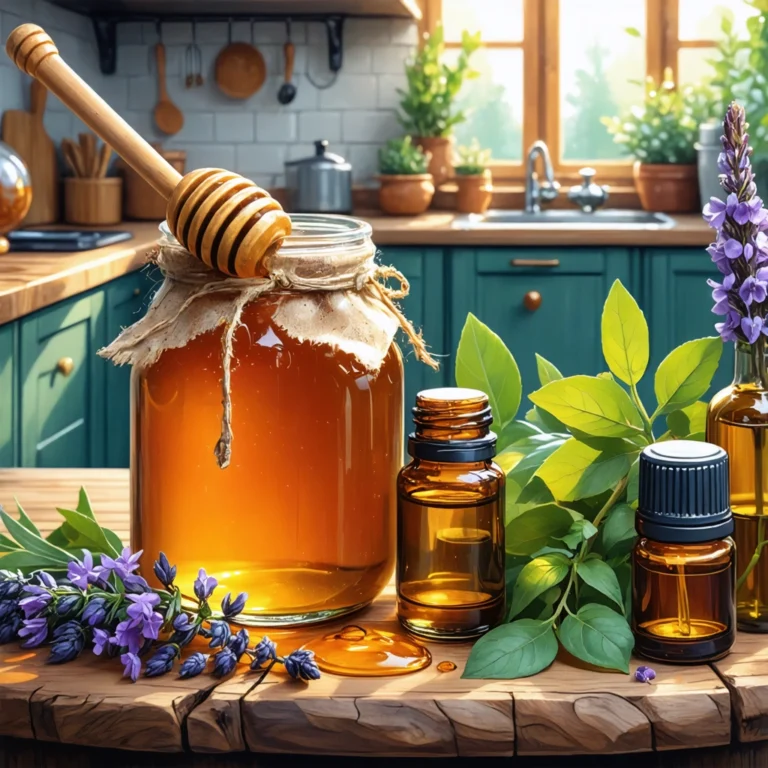un pot de miel avec une cuillère et des huiles essentielles sur une table