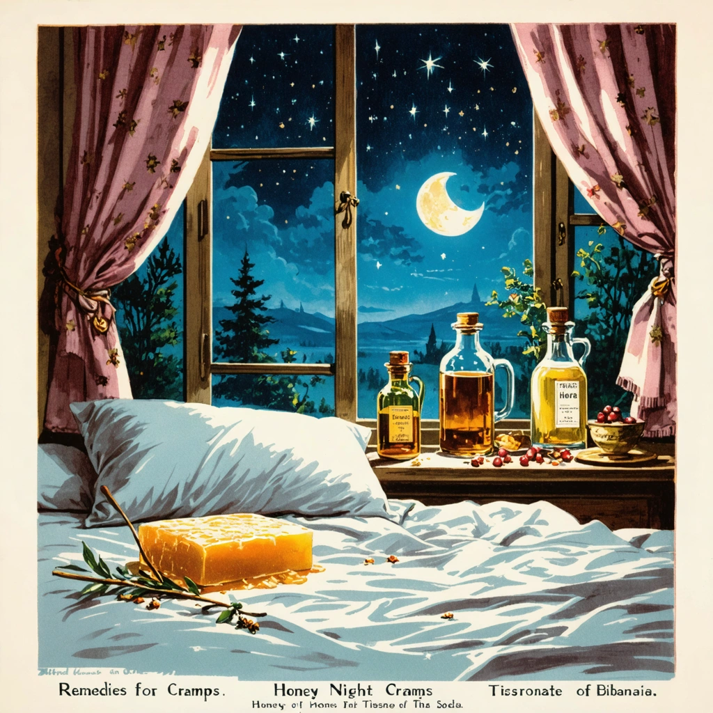 Un ensemble de remèdes traditionnels pour les crampes nocturnes, y compris du miel, du savon de Marseille et des tisanes, disposés dans une chambre à coucher.