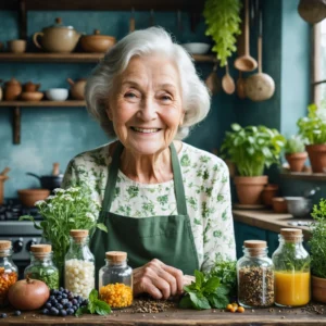 Une femme âgée souriante utilisant des remèdes naturels dans une cuisine chaleureuse