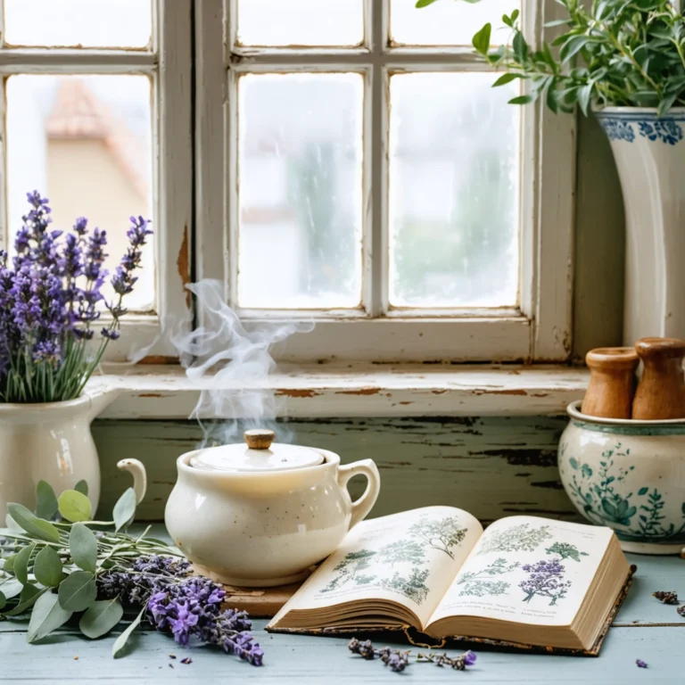 Cuisine vintage avec compresses et herbes aromatiques