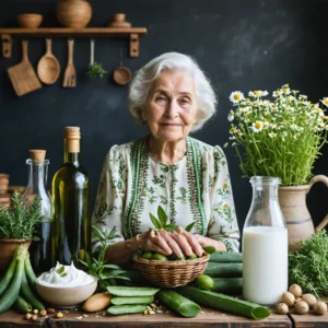 Une grand-mère bienveillante entourée de remèdes naturels comme l'huile d'olive, l'aloé vera et la camomille