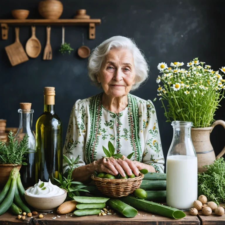Une grand-mère bienveillante entourée de remèdes naturels comme l'huile d'olive, l'aloé vera et la camomille
