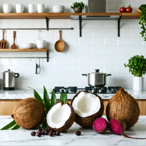 Cuisine chaleureuse avec noix de coco, betteraves, et réglisse, symbolisant des remèdes naturels contre la tension basse.