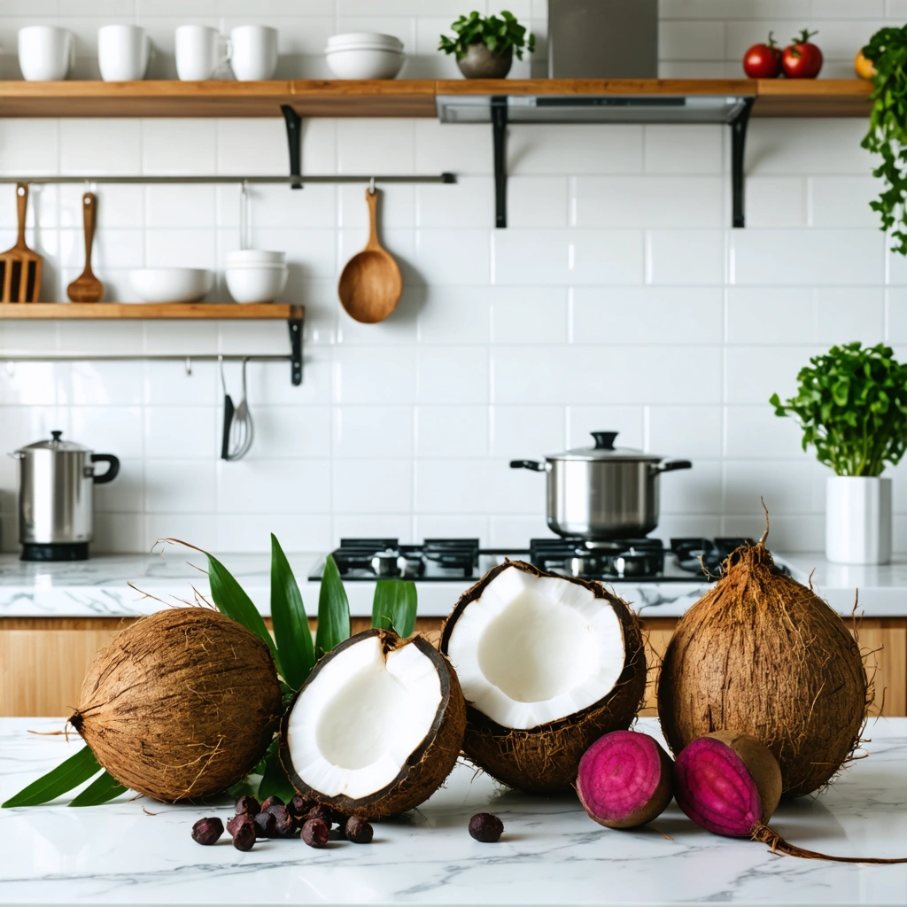 Cuisine chaleureuse avec noix de coco, betteraves, et réglisse, symbolisant des remèdes naturels contre la tension basse.