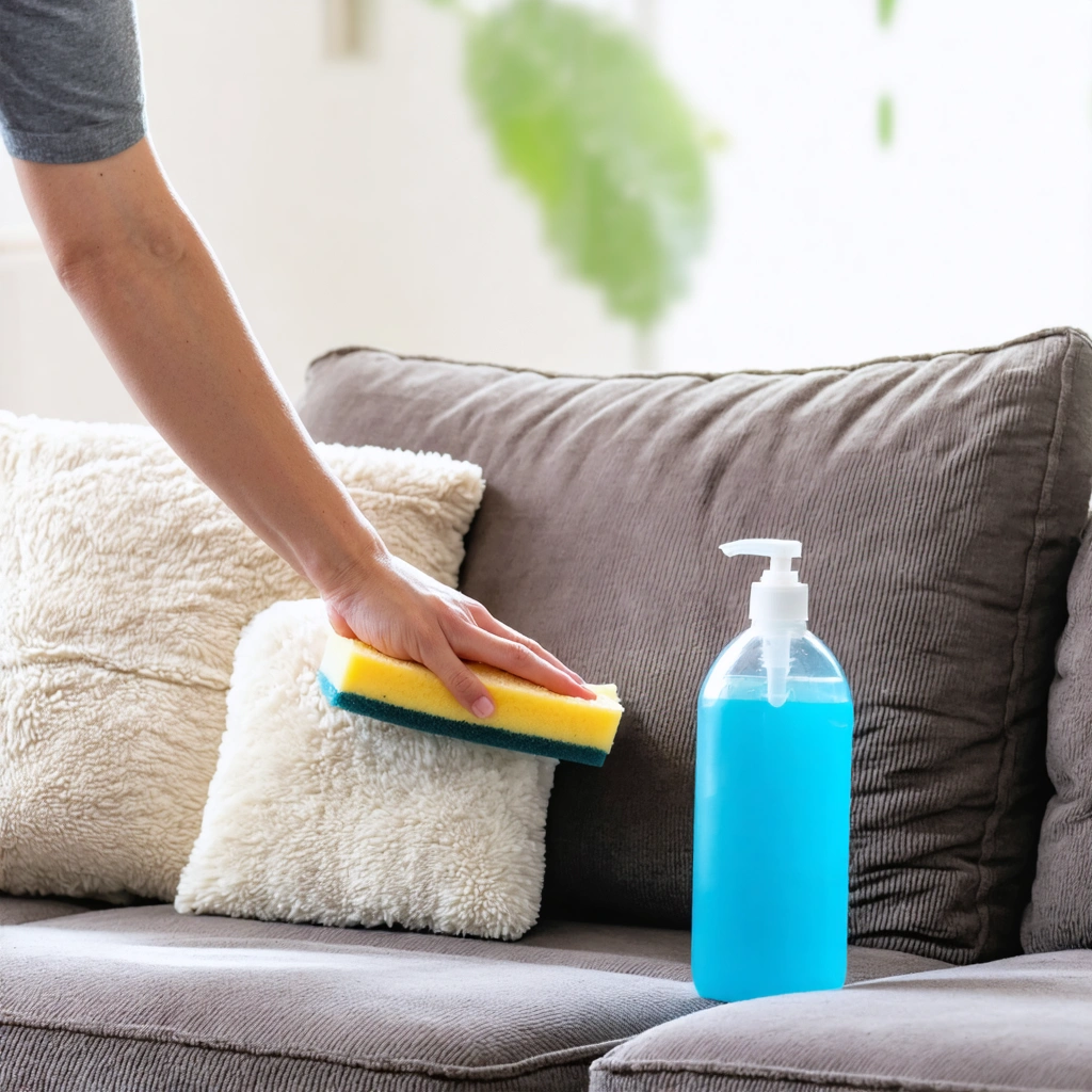 Salon confortable avec un canapé en microfibre, une personne nettoyant le canapé avec une éponge ou une brosse douce, et une bouteille d'alcool ménager à proximité.