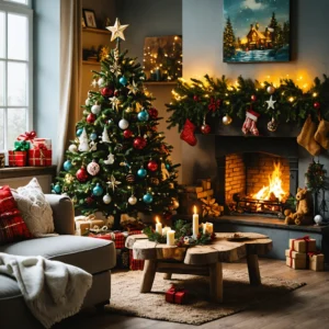 Salon décoré pour Noël avec des décorations faites maison