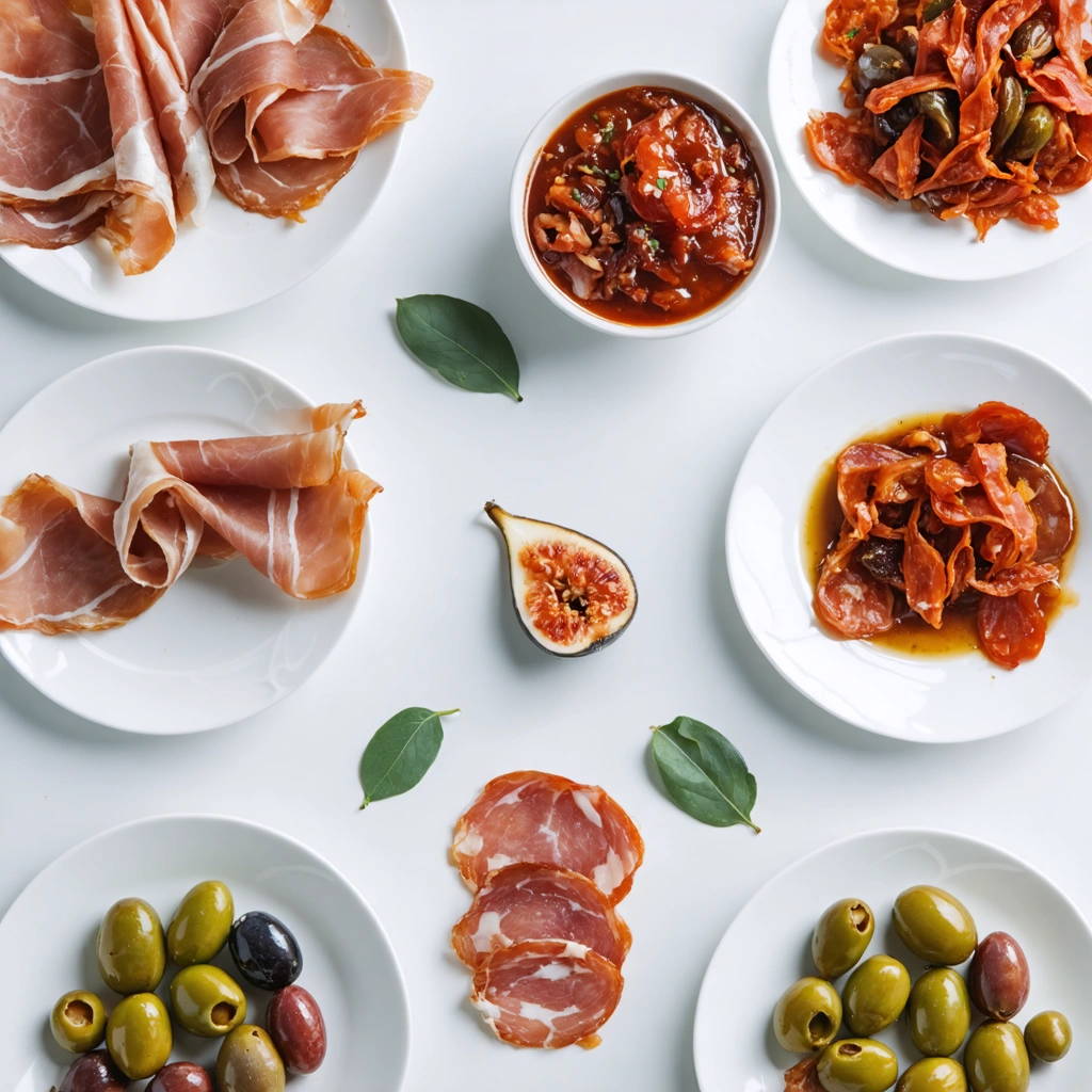 Table élégante avec des charcuteries espagnoles, jambon serrano, chorizo, olives et chutney de figues.