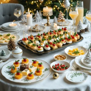 Table de fête de Noël avec des hors-d'œuvres élégants et des cocktails décoratifs