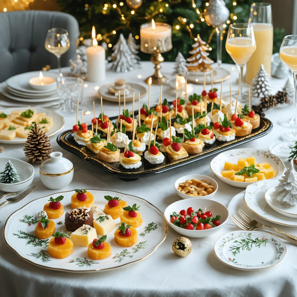 Table de fête de Noël avec des hors-d'œuvres élégants et des cocktails décoratifs