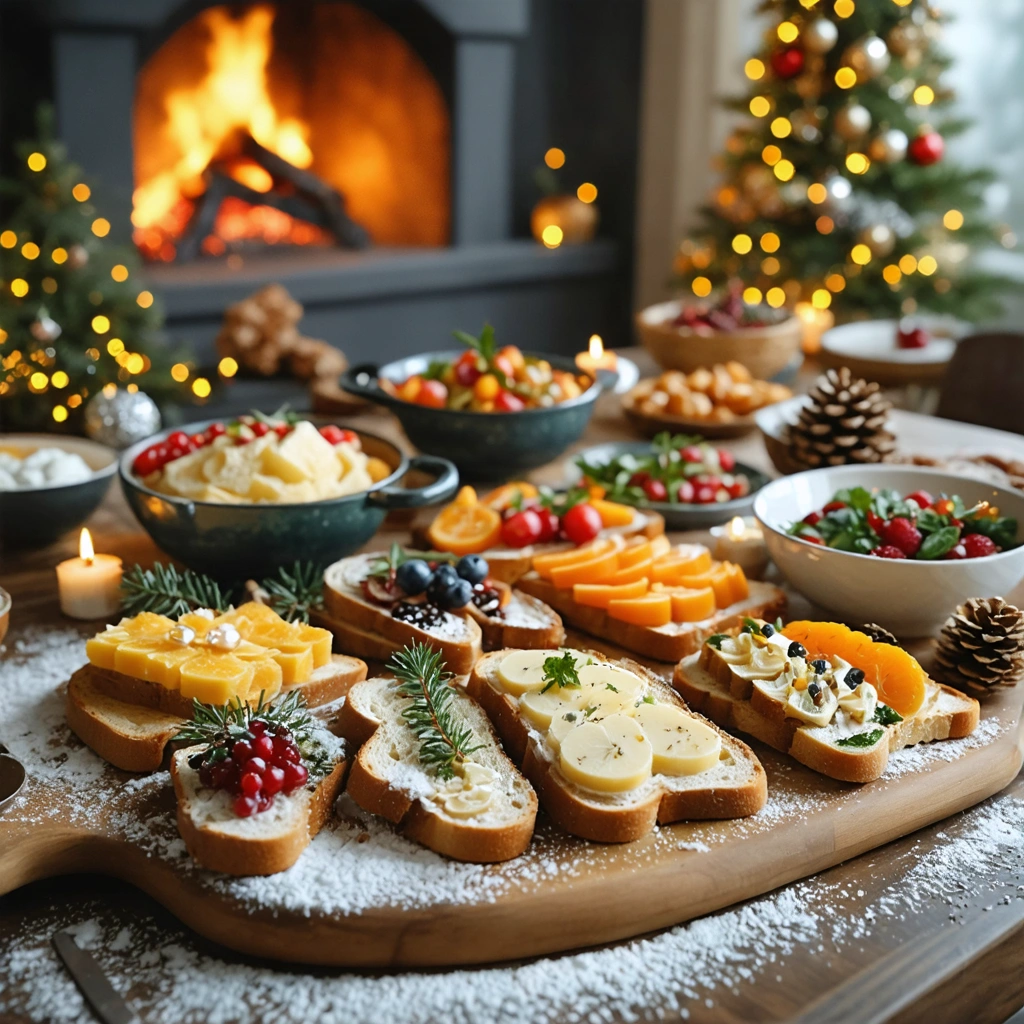Table festive de Noël avec toasts variés et décorations de fête.