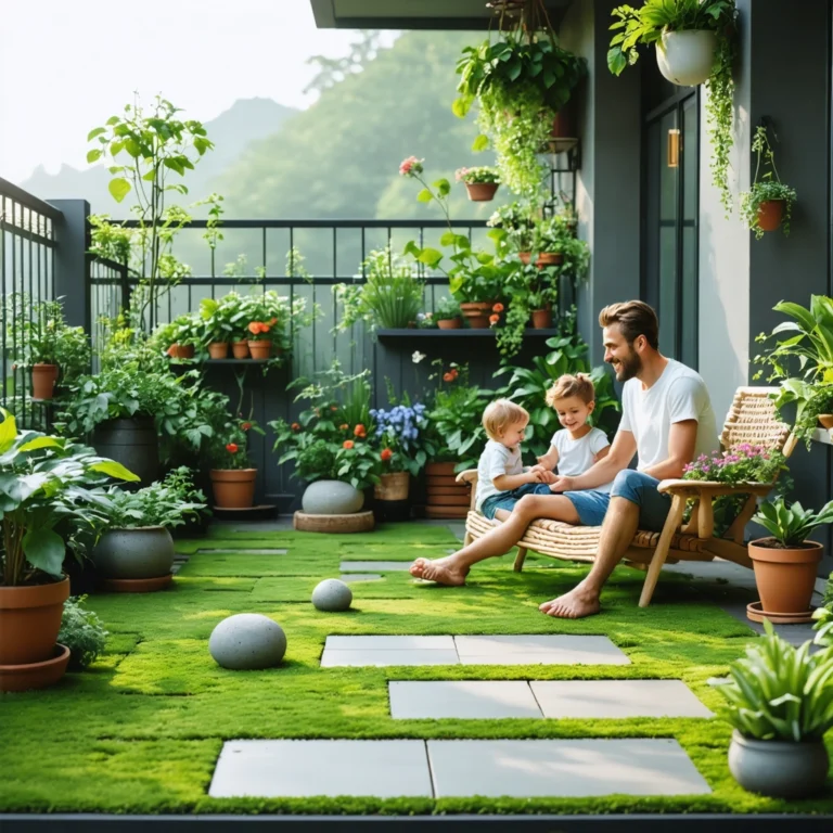 Une terrasse extérieure propre et éclatante, sans mousse, avec des plantes vibrantes et une famille heureuse profitant de l'espace.