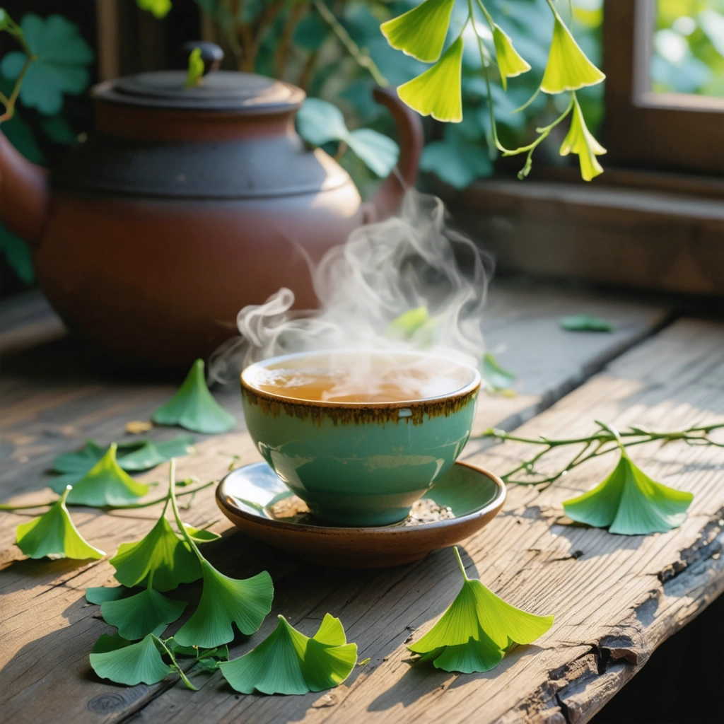 Une tasse fumante de tisane de ginkgo biloba entourée de feuilles vertes de ginkgo sur une table en bois, créant une ambiance chaleureuse et accueillante.