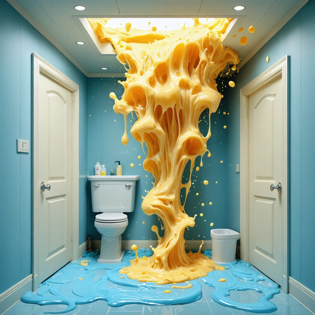 Un tuyau de plomberie qui fuit des odeurs visibles et nauséabondes dans une salle de bains, avec une représentation humoristique des effluves ressemblant à du fromage pourri.