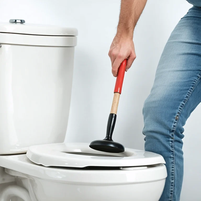 Personne utilisant une ventouse pour déboucher des toilettes avec une expression humoristique