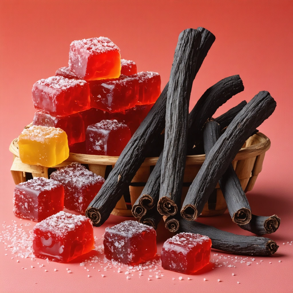 Illustration fantaisiste de la réglisse montrant ses aspects médicinaux avec des racines et des bonbons.