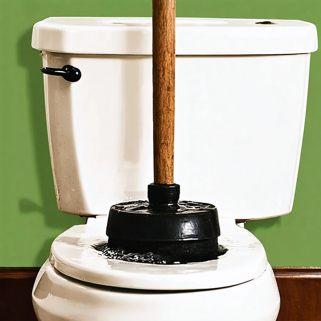 Une ventouse classique utilisée sur des toilettes, avec un effet de succion pour déboucher, dans une ambiance nostalgique chez une grand-mère.