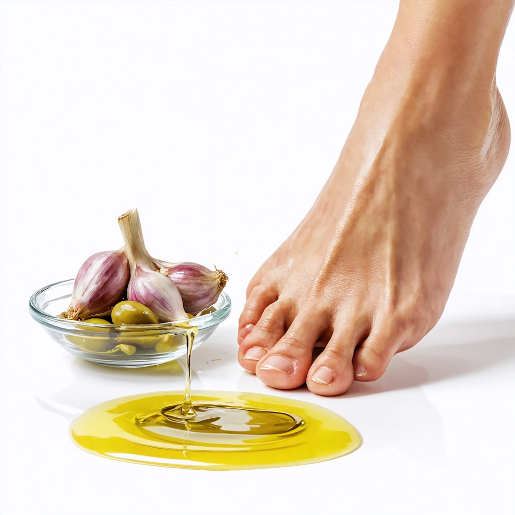 Une gousse d'ail écrasée mélangée à de l'huile d'olive dans un bol, placée à côté d'un pied humain, mettant en scène un traitement antifongique naturel fait maison.