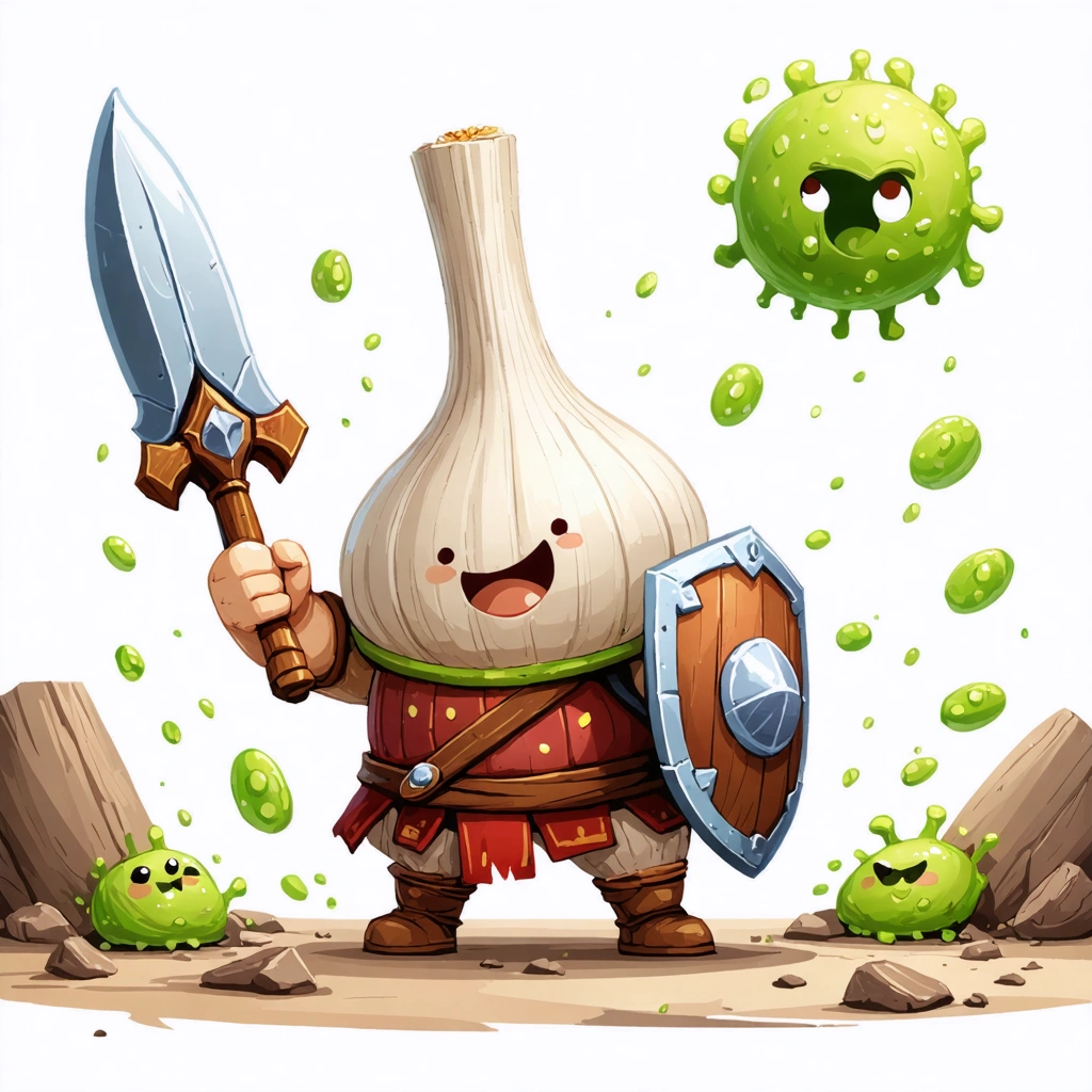 Illustration d'une gousse d'ail personifiée en guerrier avec une épée et un bouclier, combattant des bactéries représentées sous forme de personnages cartoon, dans un style joyeux et coloré.