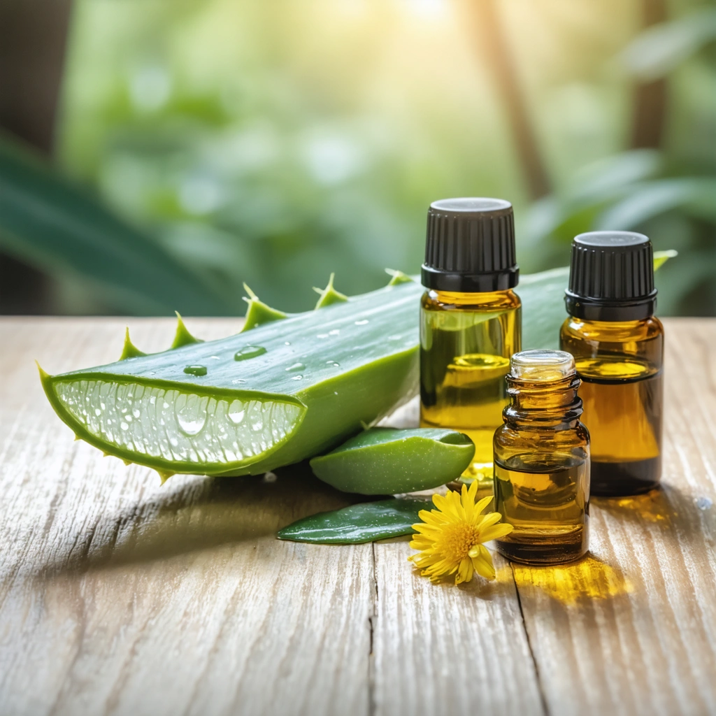 Une feuille d'aloès vera fraîche avec son gel brillant visible, posée sur une surface en bois, accompagnée de flacons d’huiles essentielles comme l'hélichryse italienne et le cyprès, dans une ambiance naturelle et apaisante.