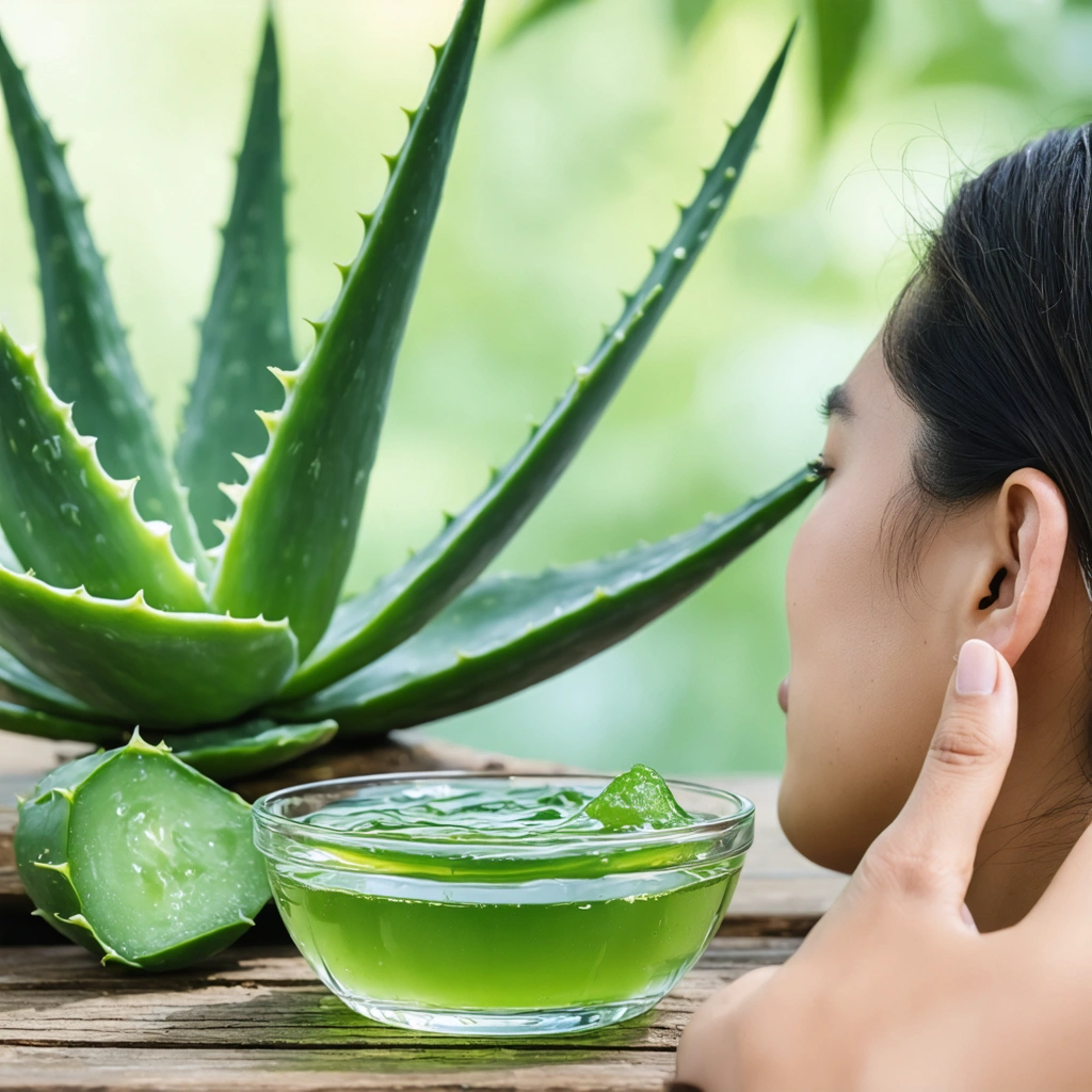 Une plante d'aloe vera avec ses feuilles épaisses et un bol de gel transparent posés à côté, avec en arrière-plan une personne appliquant délicatement du gel près de son oreille.