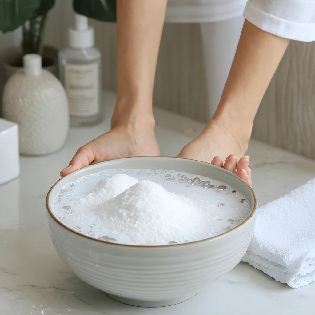 Une bassine avec de l'eau tiède et du bicarbonate de soude, dans laquelle trempent des mains ou des pieds, le tout dans une ambiance apaisante avec une lumière douce.