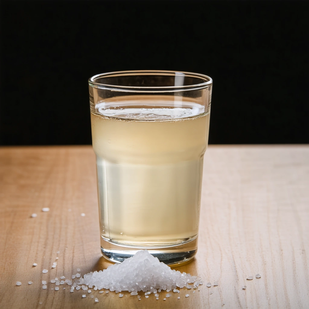 Un verre d'eau tiède avec une cuillère de sel marin à côté, posé sur une surface en bois naturel, dans une ambiance apaisante et minimaliste.