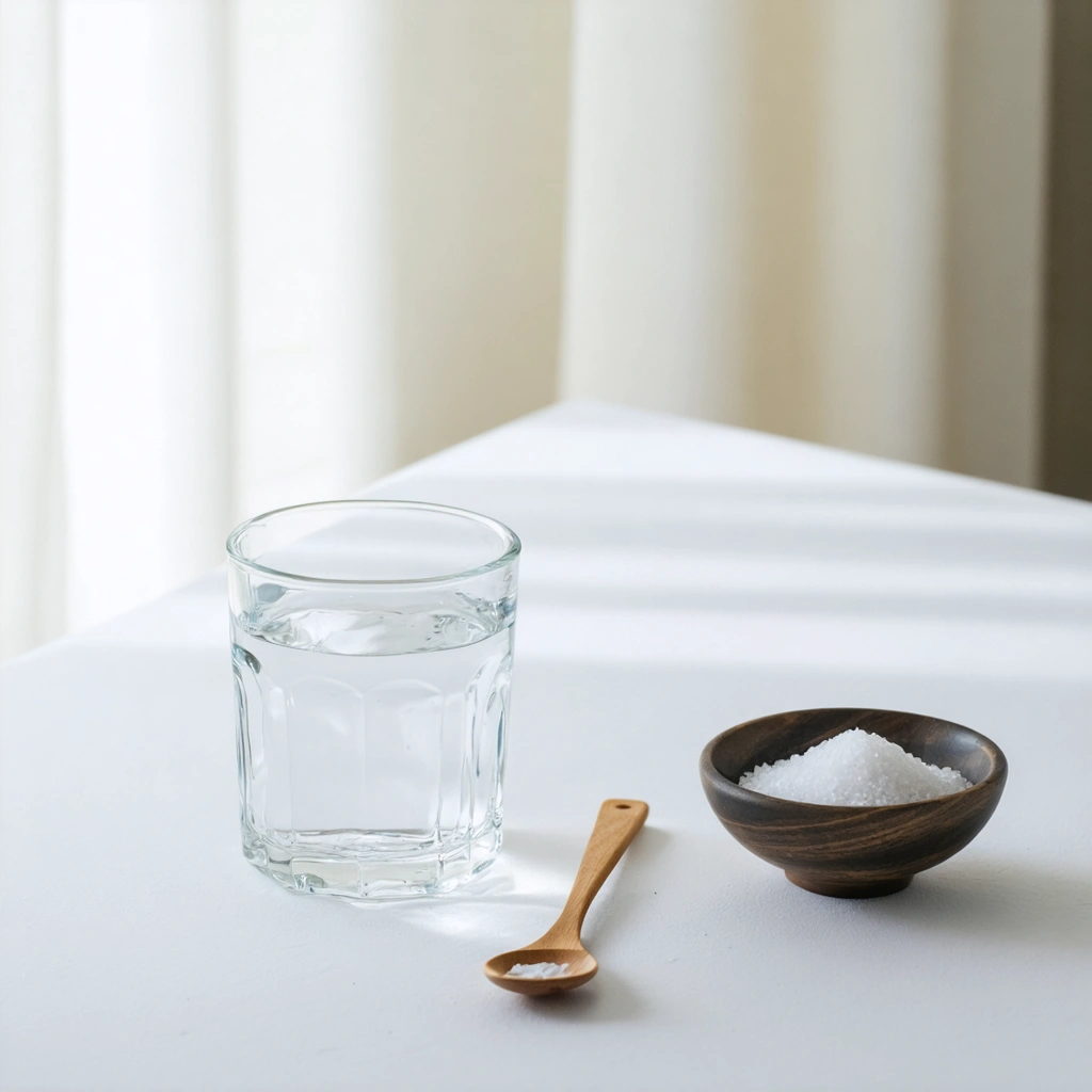 Un verre d'eau tiède, une cuillère et un petit bol de sel sur une surface blanche, représentant un remède maison apaisant.