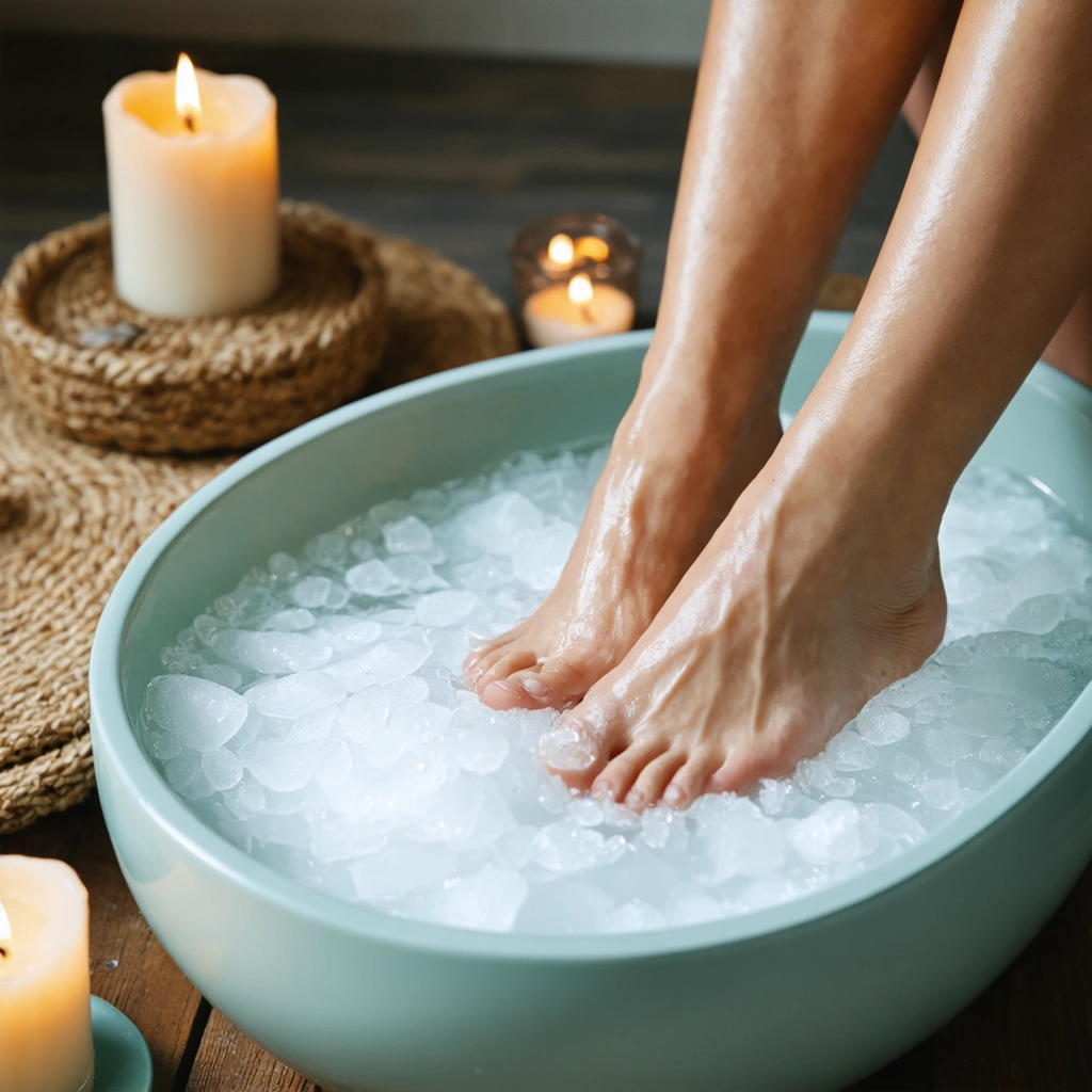 Une bassine d'eau tiède avec des pieds trempés dedans, du sel d'Epsom à côté, et une ambiance relaxante avec une bougie et une lumière douce.