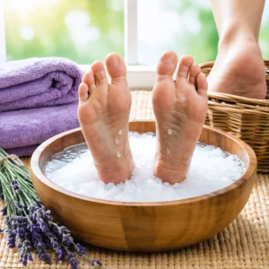 Personne relaxant ses pieds douloureux dans un bain d'eau tiède avec du sel d'Epsom et de la lavande, dans une ambiance apaisante.