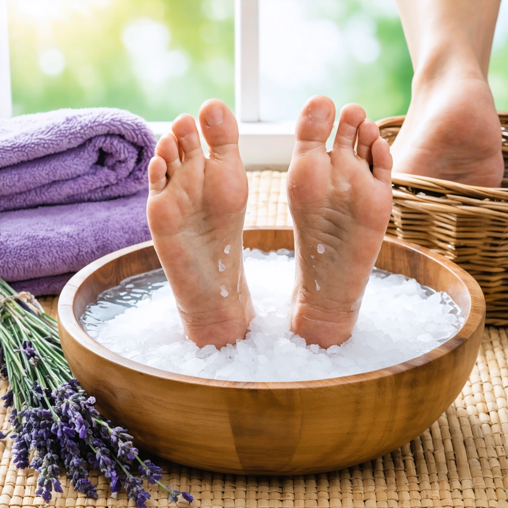 Personne relaxant ses pieds douloureux dans un bain d'eau tiède avec du sel d'Epsom et de la lavande, dans une ambiance apaisante.