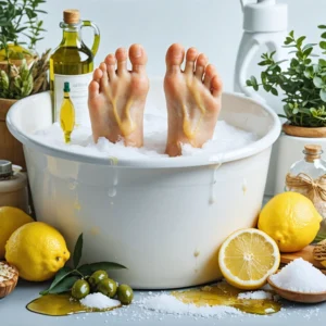 Un bain de pieds naturel avec des ingrédients comme citron, miel et bicarbonate de soude pour prendre soin des pieds.