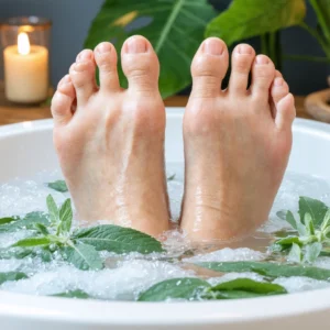 Un bain de pieds relaxant avec des feuilles de sauge fraîche et une ambiance apaisante.