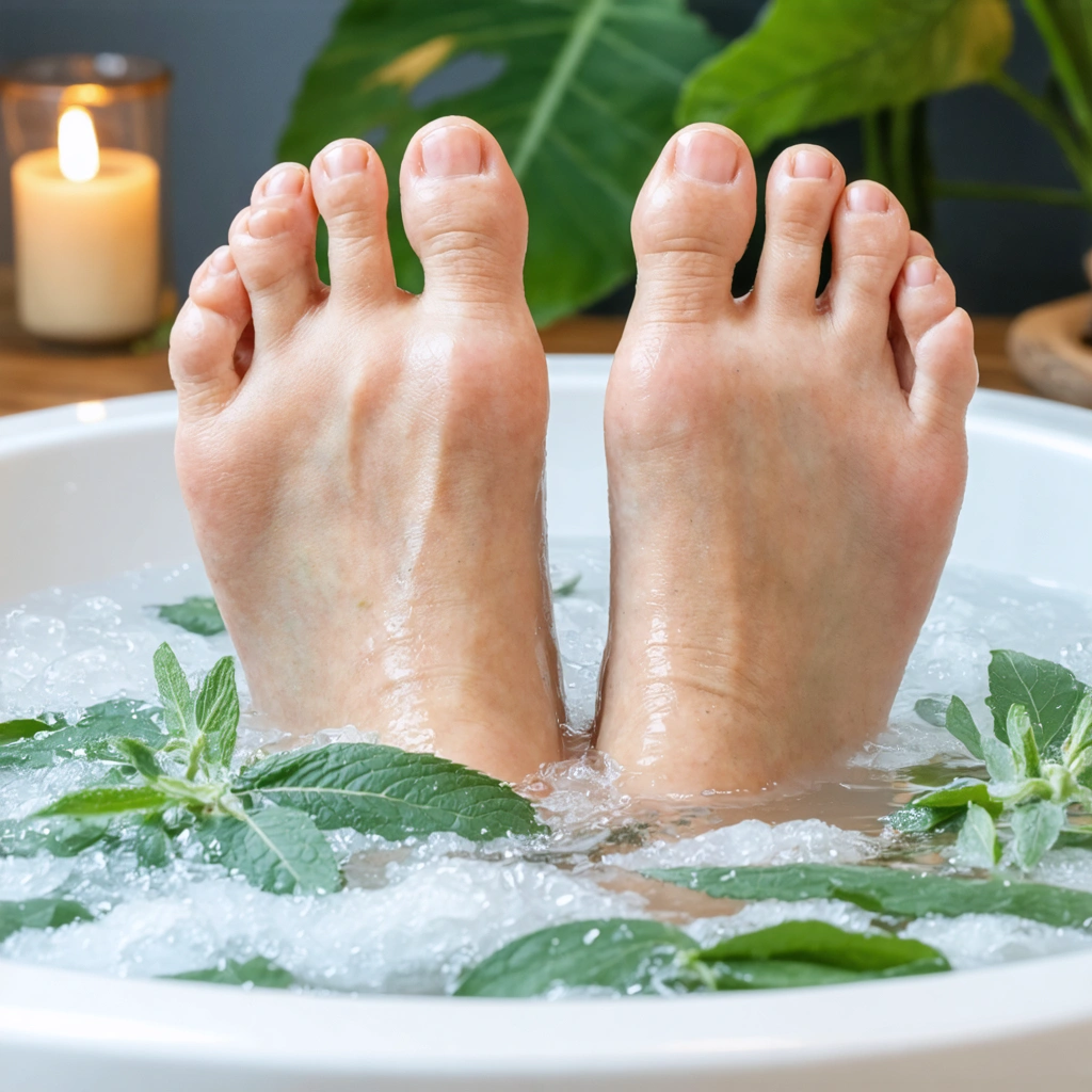 Un bain de pieds relaxant avec des feuilles de sauge fraîche et une ambiance apaisante.