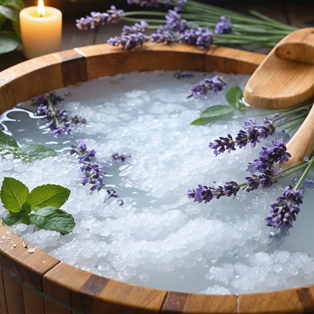 Un bain de pieds méditatif avec une bassine en bois remplie d'eau tiède, du sel d'Epsom et quelques gouttes d'huile essentielle, entouré de lavande et de feuilles de menthe dans un décor apaisant.