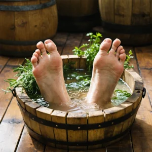 Pieds trempant dans une bassine en bois remplie d'eau et de vinaigre avec des herbes fraîches, sur un sol en bois rustique.