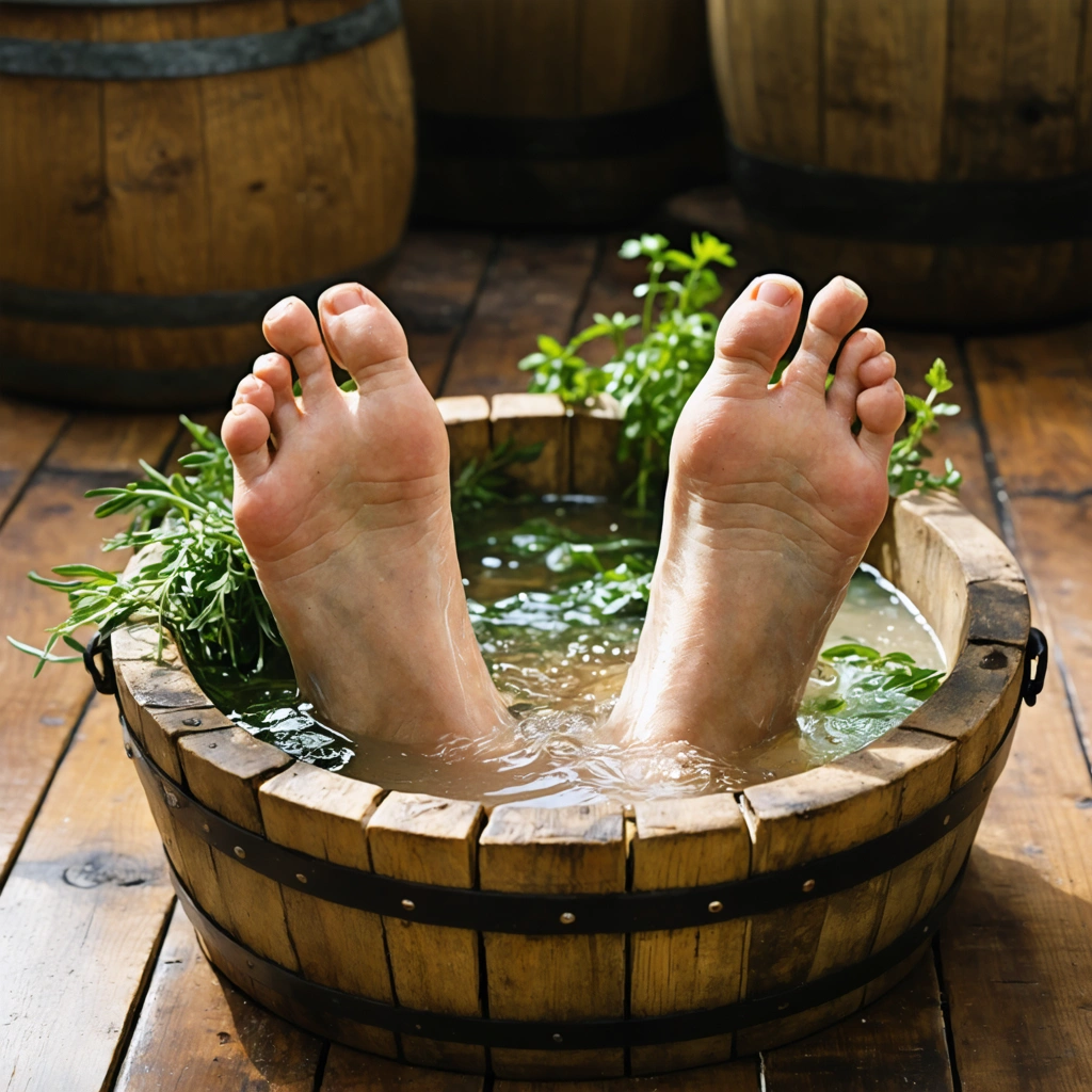 Pieds trempant dans une bassine en bois remplie d'eau et de vinaigre avec des herbes fraîches, sur un sol en bois rustique.