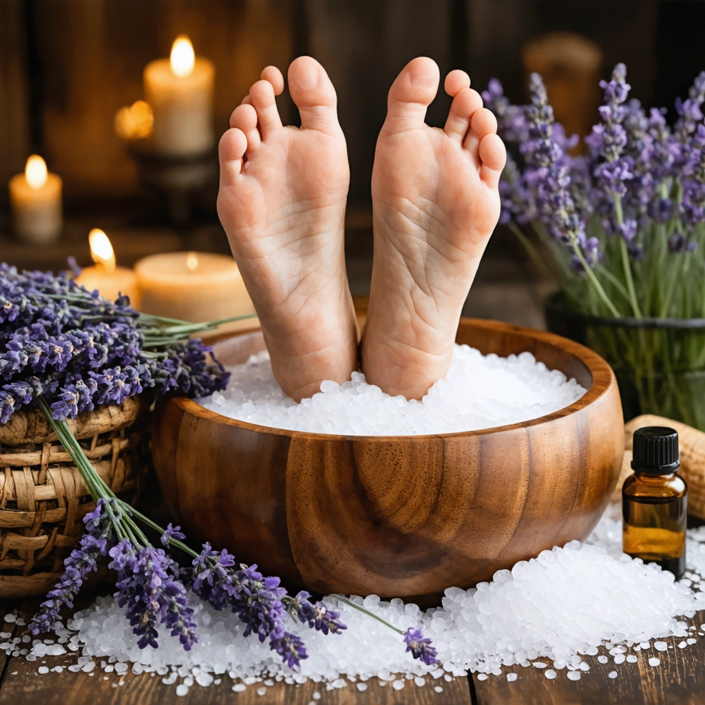Un bol en bois rempli d'eau tiède et de sels d'Epsom, avec des pieds en train de tremper, entouré de brins de lavande et d'une bouteille d'huile essentielle sur un fond apaisant.