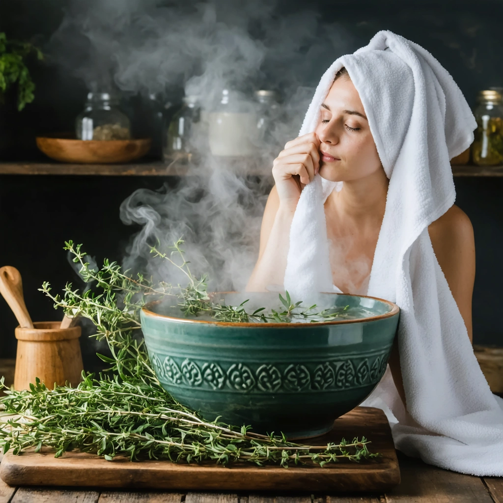 Une personne inhalant de la vapeur parfumée au thym au-dessus d'un bol, avec une serviette sur la tête et des brins de thym à proximité.