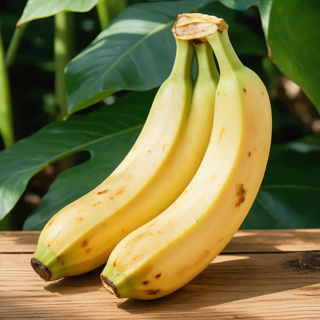 Une banane bien mûre avec une peau jaune tachetée de brun, posée sur une surface en bois rustique avec un arrière-plan flou de feuillage vert.