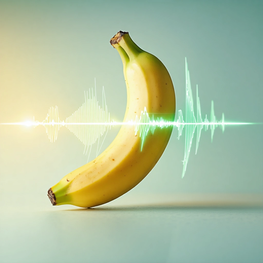 Une illustration surréaliste d'une banane lumineuse, entourée d'ondes sonores harmonieuses, sur un fond pastel apaisant.