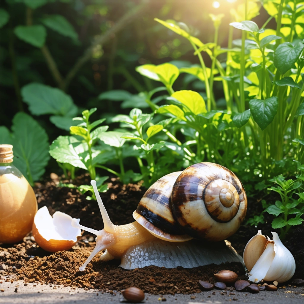 Une barrière naturelle dans un jardin avec des coquilles d'œufs broyées, du marc de café et un spray à l'ail pour repousser les escargots.
