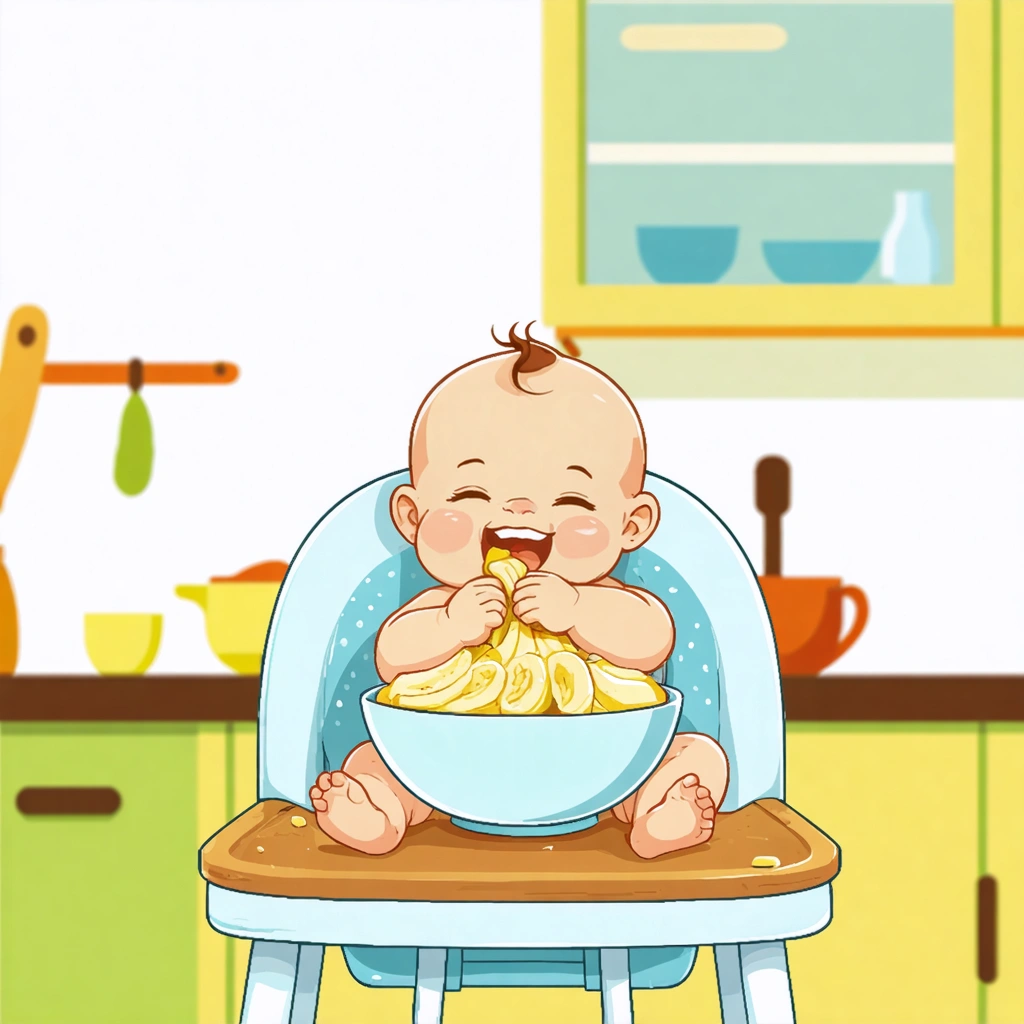 Un bébé assis dans une chaise haute, mangeant joyeusement de la purée de banane, avec une ambiance chaleureuse dans une cuisine colorée.