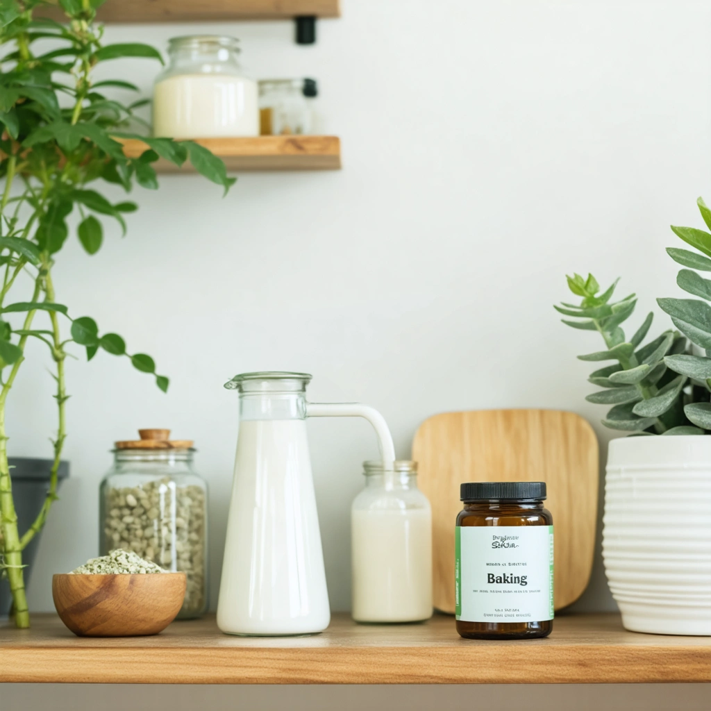 Un intérieur propre et accueillant avec une petite coupelle contenant du bicarbonate de soude posée sur une étagère en bois, entourée de plantes aromatiques et d'éléments de décoration naturelle.