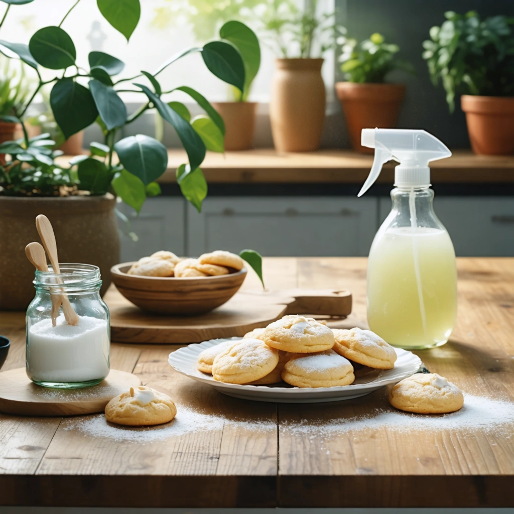 Bicarbonate de soude dans un bocal en verre sur une table en bois, accompagné de biscuits moelleux et d'un flacon pulvérisateur devant des feuilles vertes.