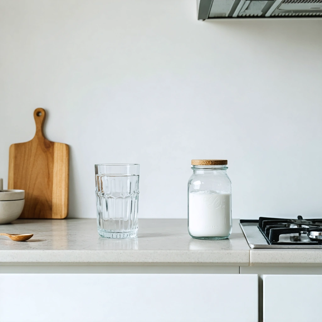 Un verre d'eau tiède posé sur un comptoir de cuisine, avec une petite jarre de bicarbonate de soude et une cuillère à café à côté, illustrant une solution naturelle pour soulager les brûlures d'estomac.