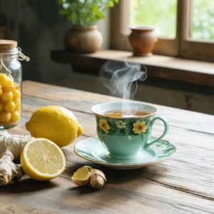 Table en bois rustique avec une tasse de thé infusée, citron tranché, racine de gingembre, et pot de miel, éclairée par une lumière naturelle douce.