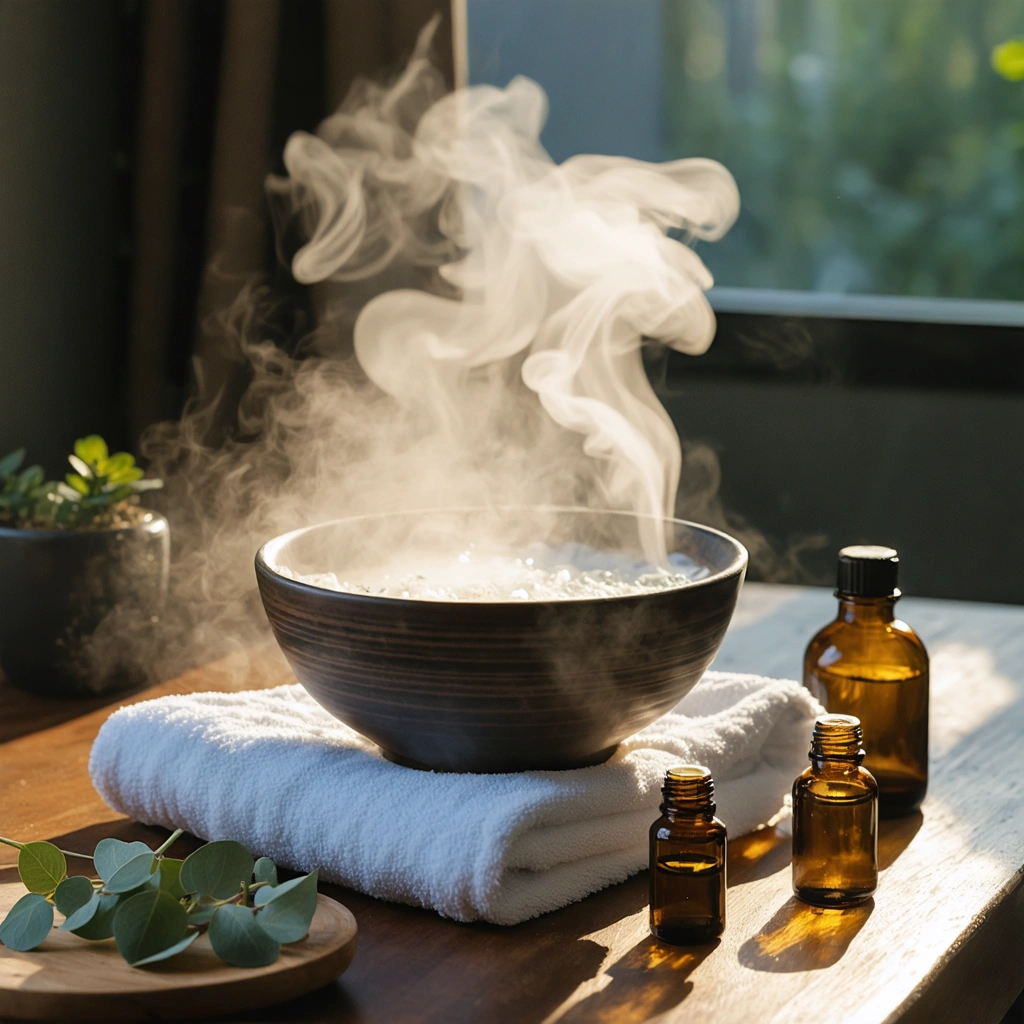 Un bol d'eau fumante sur une table, entouré d'un torchon propre, avec des flacons d'huiles essentielles à côté, dans une ambiance chaleureuse et relaxante.