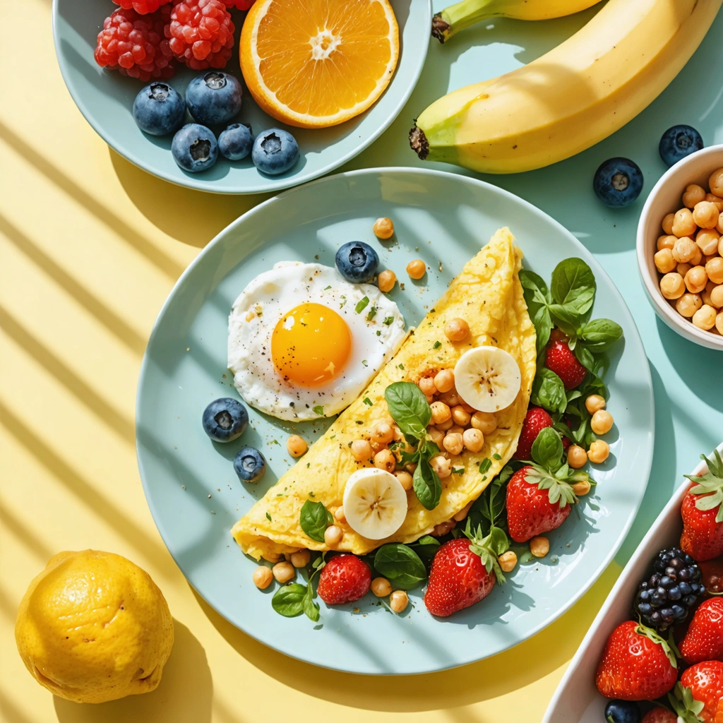 Un plat équilibré avec une omelette aux pois chiches, une banane et des fruits riches en vitamines dans un environnement lumineux et ensoleillé.